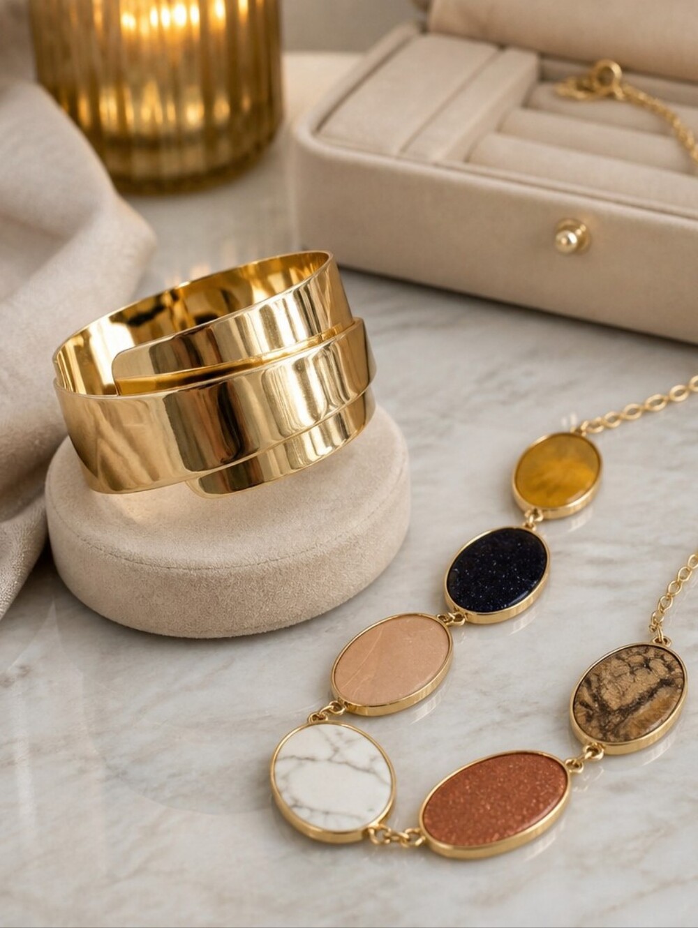 Gold Multi-Disc Cuff Bracelet - Women's Jewelry With Beatiful Multi Gem Neclace